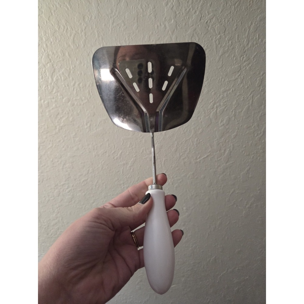 Vintage Foley‎ Slotted Spatula , Flipper, Or Turner With White Handle